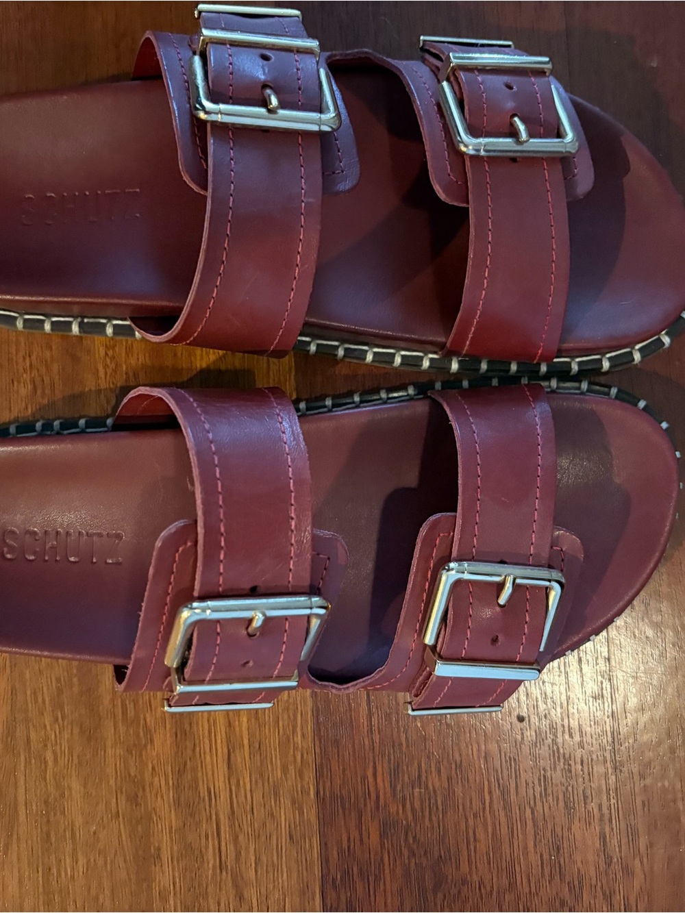 SCHUTZ Burgundy Double-Buckle Slide Sandals